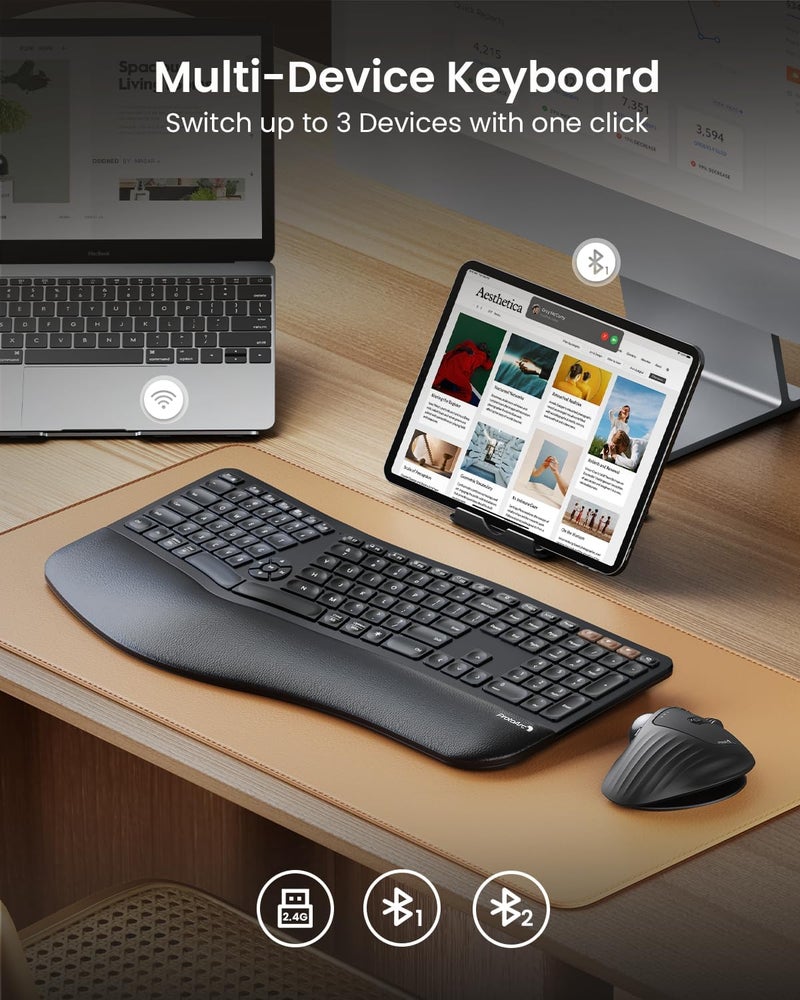 ProtoArc Backlit Bluetooth Ergonomic Keyboard, EK01 Plus Full Size Wireless Split Keyboard with Dual Bluetooth and USB, Cushioned Wrist Rest, Rechargeable, Compatible with Windows/Mac/Android, Black - Image 4